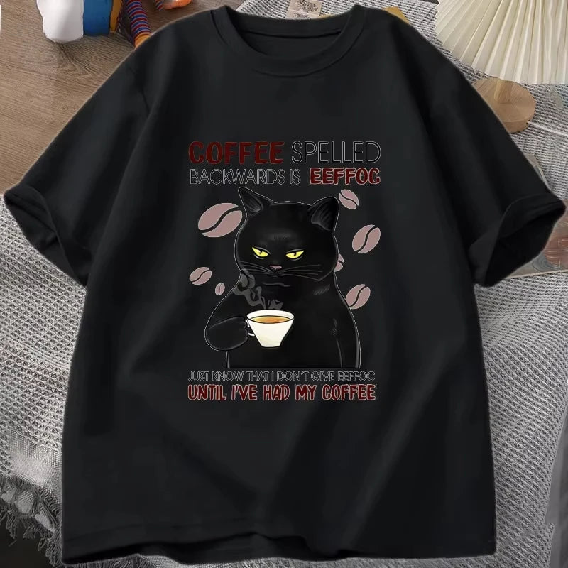 Coffee Spelled Backwards Cat Graphic T-shirt