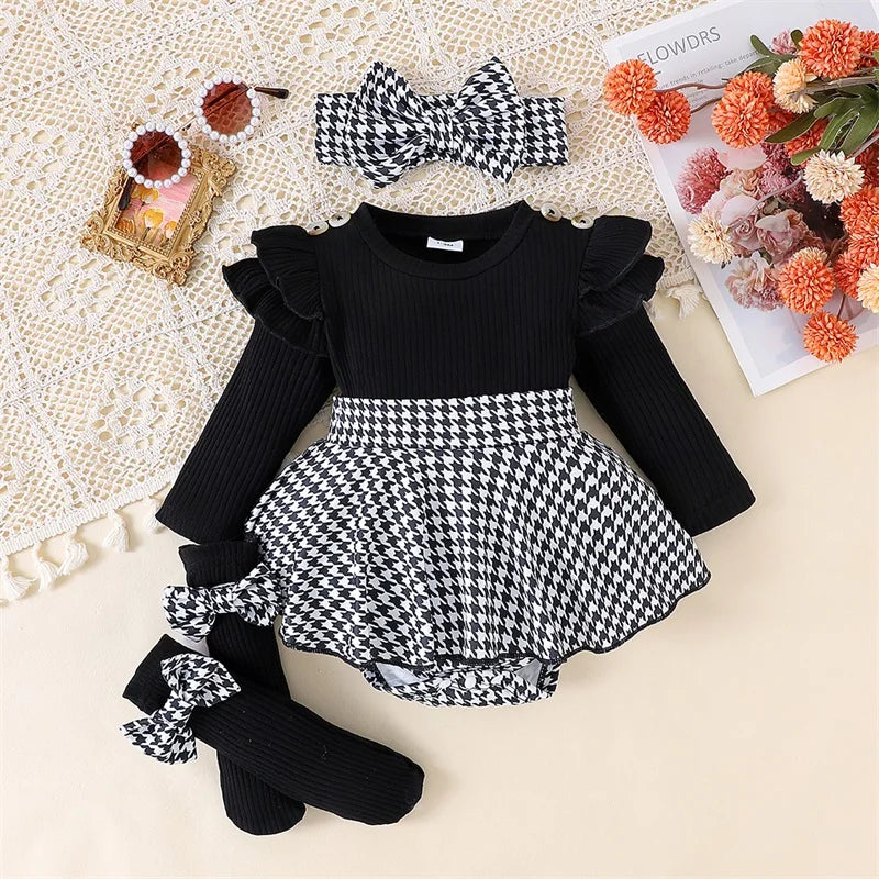 Baby Girl Long Sleeve Houndstooth Print Romper Dress with Headband by Pudcoco
