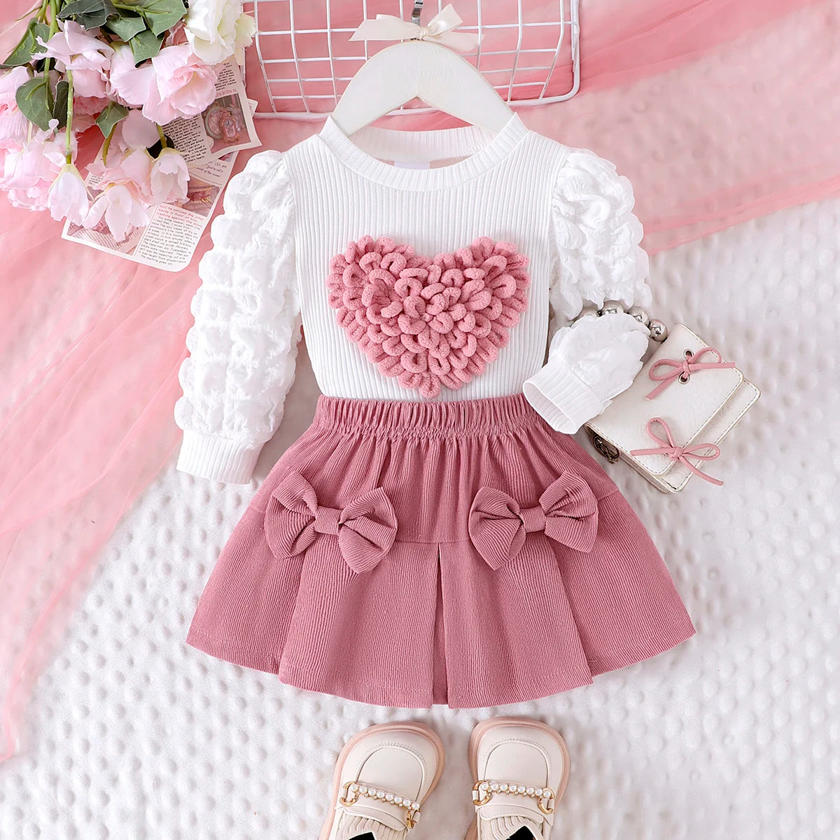 2PCS Girls Love Chapter Top + Pink Short Skirt Set