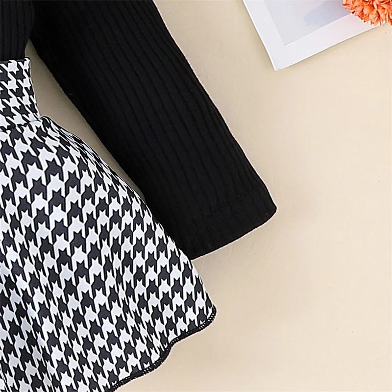 Baby Girl Long Sleeve Houndstooth Print Romper Dress with Headband by Pudcoco