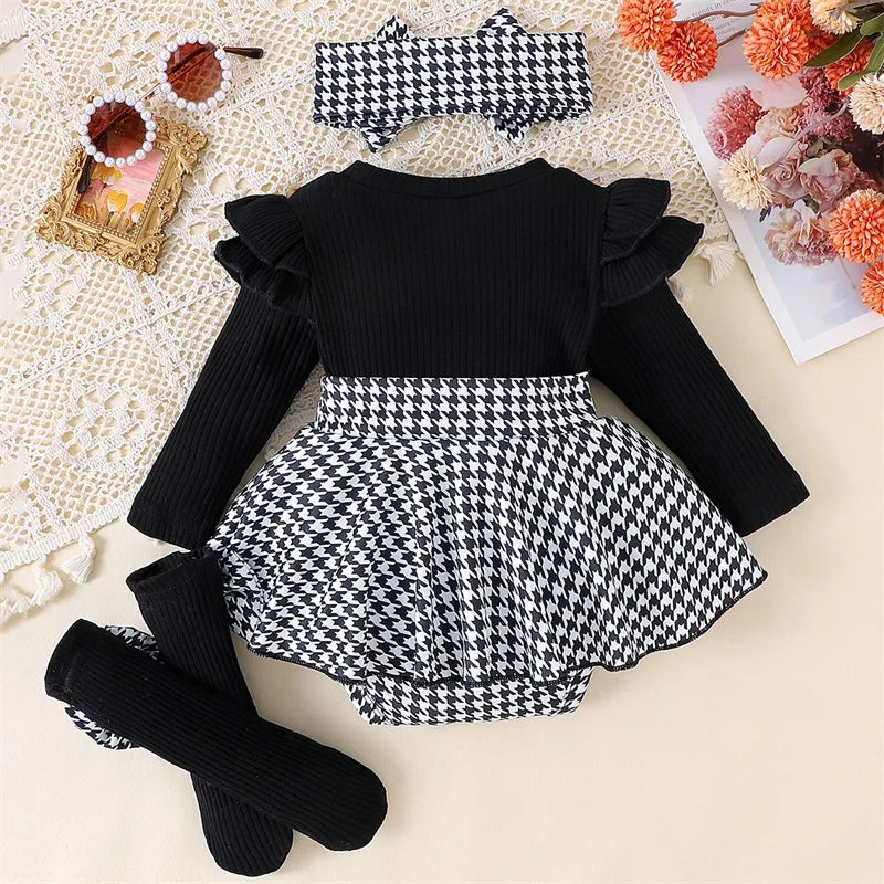 Baby Girl Long Sleeve Houndstooth Print Romper Dress with Headband by Pudcoco