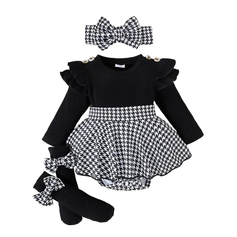 Baby Girl Long Sleeve Houndstooth Print Romper Dress with Headband by Pudcoco