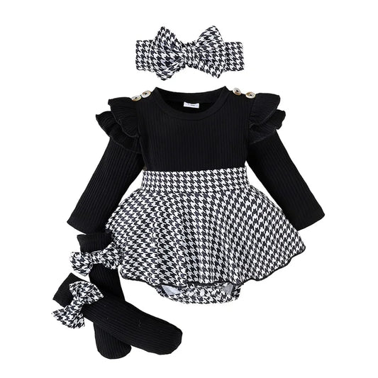 Baby Girl Long Sleeve Houndstooth Print Romper Dress with Headband by Pudcoco