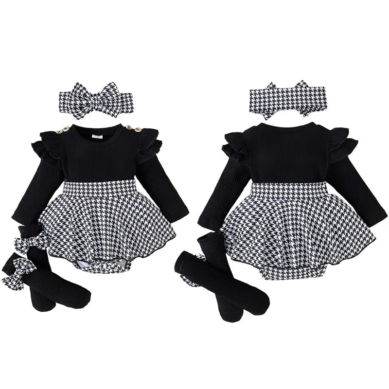 Baby Girl Long Sleeve Houndstooth Print Romper Dress with Headband by Pudcoco