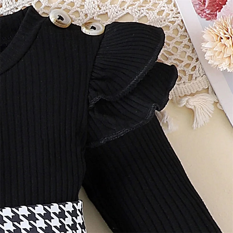 Baby Girl Long Sleeve Houndstooth Print Romper Dress with Headband by Pudcoco