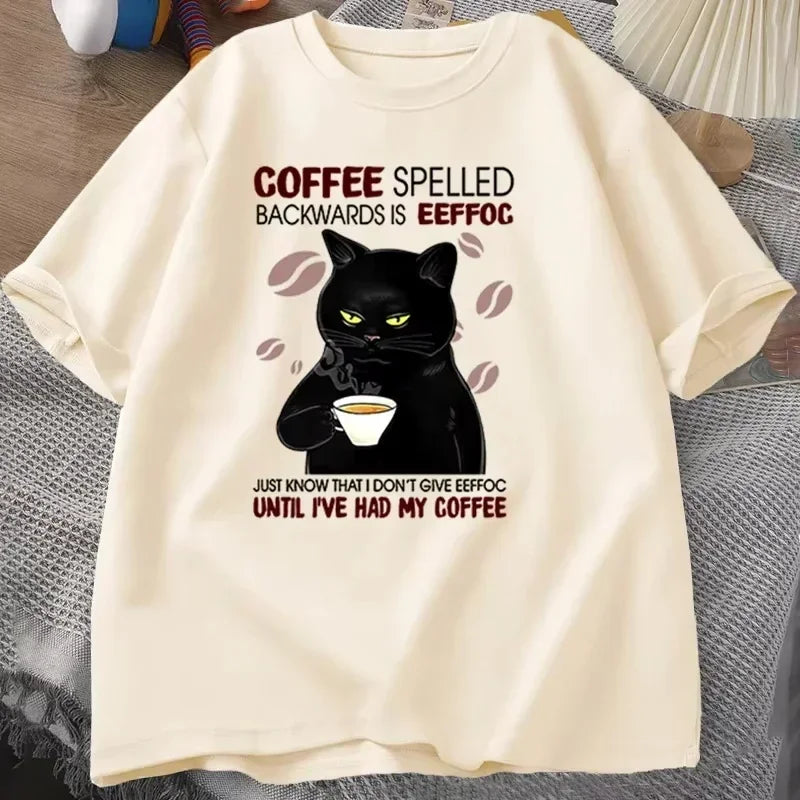 Coffee Spelled Backwards Cat Graphic T-shirt